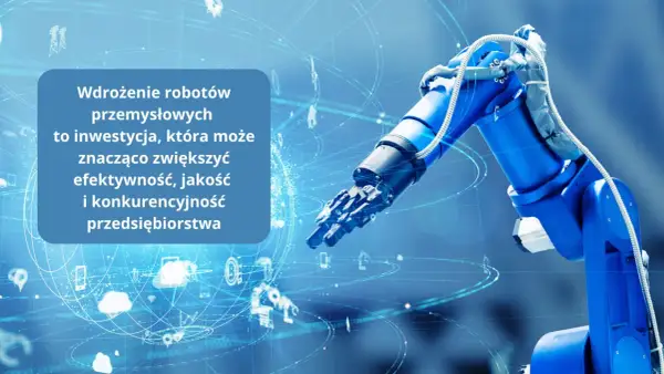 Niebieski robot przegubowy w ruchu, symbolizujący nowoczesną produkcję i automatyzację.