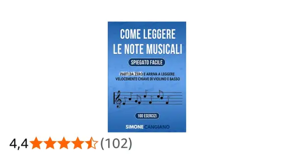 Copertina libro "Come leggere le note musicali", con pentagramma e simbolo nota musicale. Impara velocemente chiave di violino e basso.