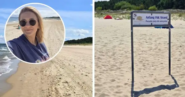 Kobieta na plaży w Niemczech, obok znak "Anfang FKK Strand", czyli początek plaży dla naturystów.