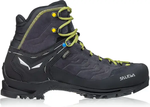 Ciemnoszary but trekkingowy Salewa MS Rapace GTX z żółtymi sznurówkami i detalami. Idealny na górskie wyprawy.