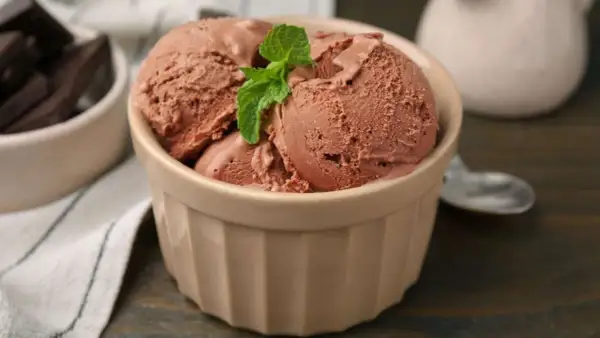 Schokoladeneis in einer Schale, garniert mit Minze. Perfekt für eis selber machen ohne eismaschine.
