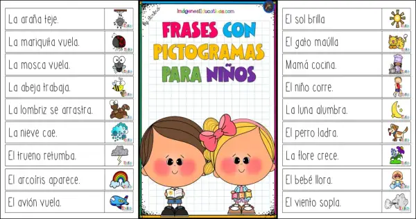 Frases para leer niños de 5 años con pictogramas: la araña teje, el sol brilla, mamá cocina, el niño corre.