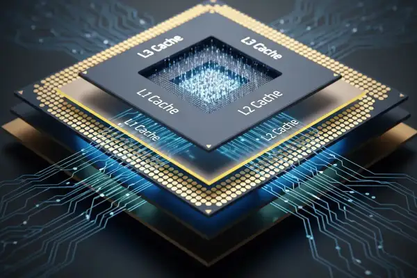 Procesador con capas de memoria L3, L2 y L1 Cache, conectado a circuitos digitales.