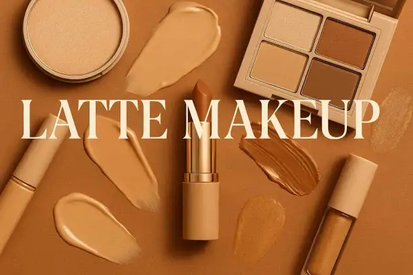 Swatch di fondotinta, rossetto e palette ombretti in tonalità calde, perfetti per un look latte makeup.