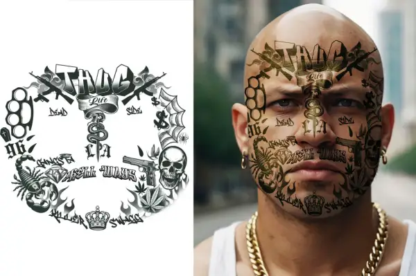 Mężczyzna z tatuażem na twarzy, przedstawiającym broń, skorpiona, czaszkę i napis "Gangsta Life".