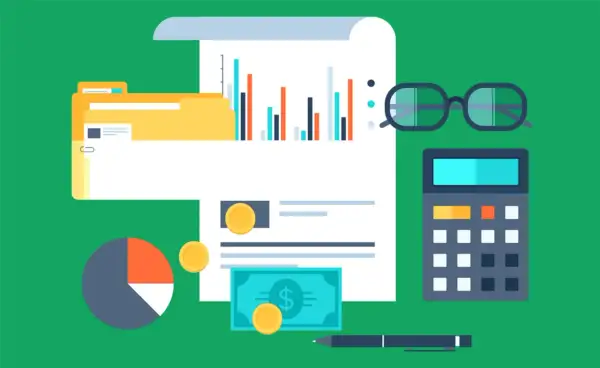 Calculadora, gafas, gráfico y dinero. Si tengo una tienda online debe pagar impuestos.
