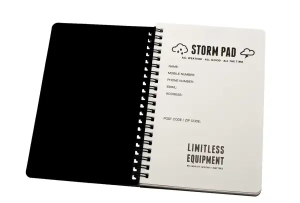 Libreta resistente al agua "Storm Pad" con campos para datos de contacto y el lema "Reliability When It Matters".