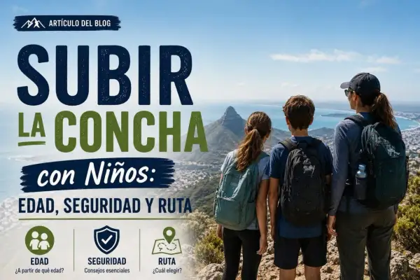 Familia en la cima, preparándose para la concha hike. El texto indica "Subir la concha con niños: Edad, seguridad y ruta".