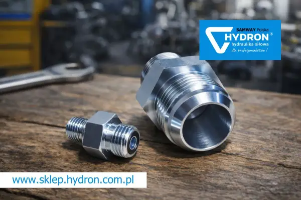 Metalowe złączki hydrauliczne, w tym nypel, leżą na drewnianym blacie. Obok klucz. Logo Hydron.