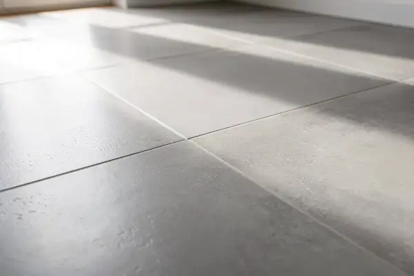 Lumière du soleil traversant un carrelage gris, créant des ombres douces. On entendrait presque le carrelage qui sonne creux sous les pas.