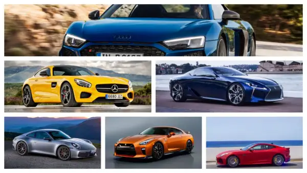 Audi R8 azul, Mercedes-AMG GT amarillo, Lexus LC azul, Porsche 911 plateado, Nissan GT-R naranja y Jaguar F-Type rojo. Los mejores coches deportivos.