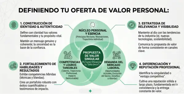 Diagrama sobre cómo definir tu oferta de valor personal, abarcando identidad, habilidades, demanda del mercado y diferenciación.