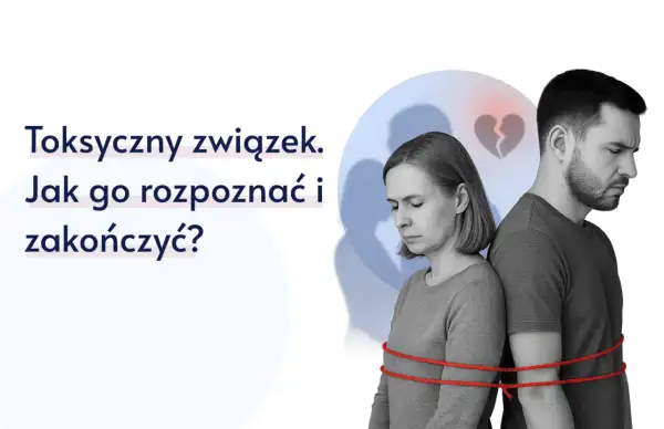 Para spięta czerwoną liną, symbolizująca toksyczny związek. Złamane serce na tle.