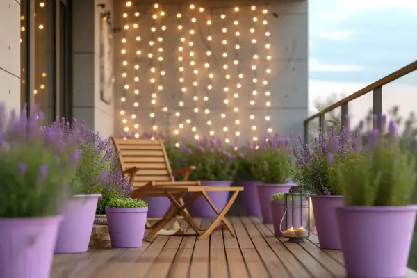 Uroczy balkon z lawendą przed domem, ozdobiony girlandą światełek. Drewniane meble i lampion tworzą przytulną atmosferę.