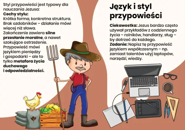 Ilustracja: rolnik z widłami, kura, skrzynka z warzywami, laptop, notatnik i okulary.