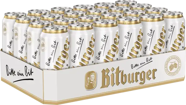 Kasten mit 24 Dosen Bitburger Pils. Der Alkoholgehalt ist auf den Dosen nicht direkt ersichtlich, aber es ist ein klassisches Pils.