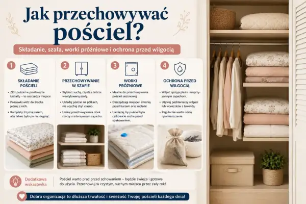 Jak przechowywać pościel: składanie, szafa, worki próżniowe i ochrona przed wilgocią. Porady dotyczące organizacji i przechowywania tekstyliów.