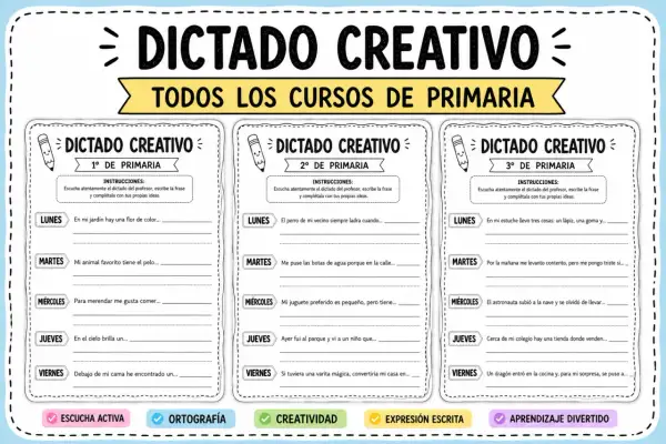 Hoja de dictado creativo para 1º de primaria con frases para completar cada día de la semana.