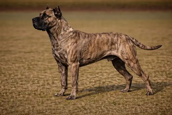 Ein kräftiger Dogo Canario mit gestromtem Fell steht auf einer Wiese.
