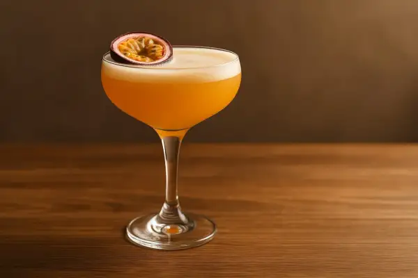 En elegant Pornstar Martini med passionsfrukt, redo att avnjutas.