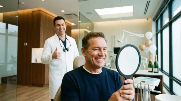 Uśmiechnięty pacjent ogląda swoje zęby w lusterku, dentysta w białym fartuchu pokazuje kciuk w górę.
