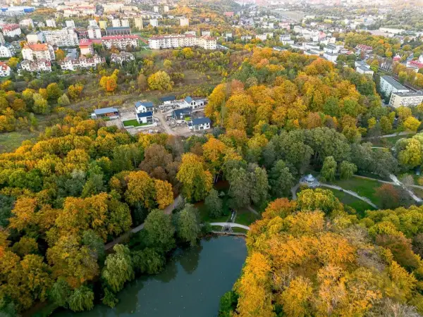 Jesienny widok na park Oruński w Gdańsku. Złote liście drzew otaczają staw, a w oddali widać zabudowania.