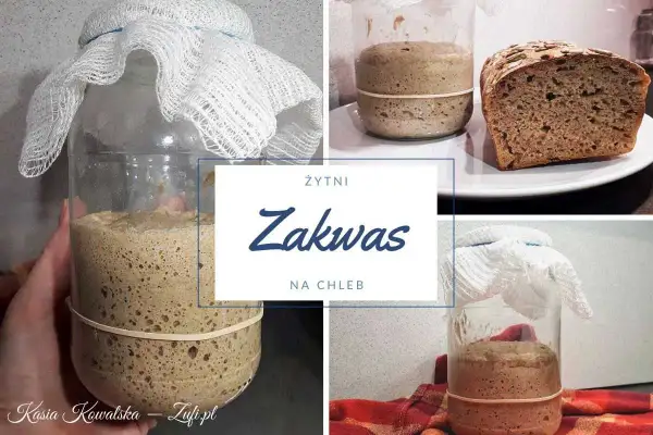 Kolaz z zakwasem żytnim w słoiku i kromką chleba.
