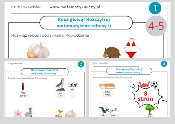 Grafika przedstawia matematyczne rebusy dla dzieci z elementami takimi jak czosnek, dzik, krawat, wilk, sanie, wieloryb i drzewo.
