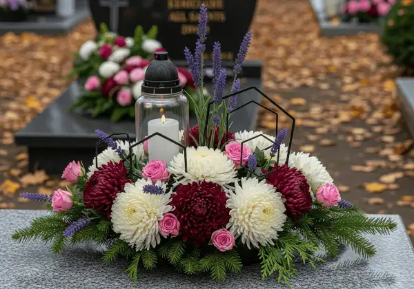 Wiosenne bukiety na grobie: białe i bordowe chryzantemy, różowe róże, lawenda i świeca.
