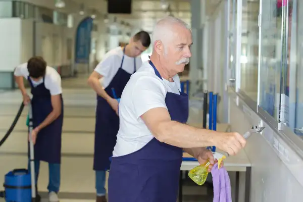 Starszy pan z wąsami i dwaj młodsi mężczyźni sprzątają korytarz. Zastanawiają się, ile można dorobić do emerytury, pracując w ten sposób.