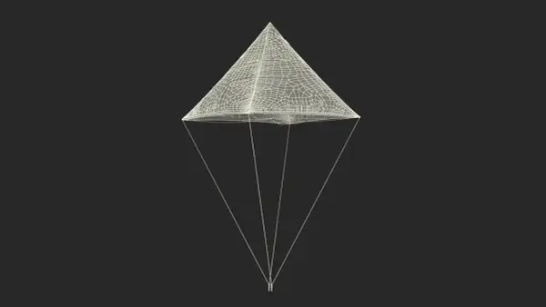Drahtmodell eines pyramidenförmigen Fallschirms, inspiriert von Leonardo da Vincis Entwürfen.