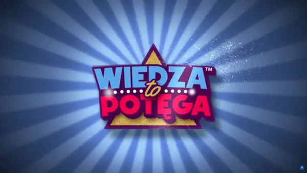 Logo "Wiedza to potęga" w aplikacji, błyszczące litery na tle promieni.
