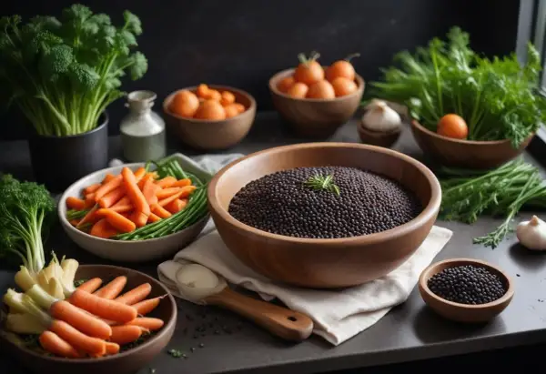En stor skål med belugalinser, redo för ett gott recept. Bredvid finns morötter, gröna bönor och färska örter.