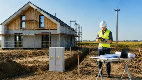 Budowa domu, pracownik w kamizelce odblaskowej sprawdza dokumenty. W tle skrzynka elektryczna i słup energetyczny, planowane zwiększenie mocy przyłączeniowej Tauron.