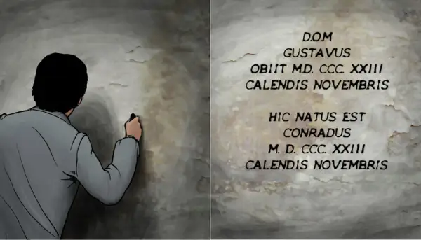 Mężczyzna pisze na ścianie, symbolizując przemianę Gustawa w Konrada. Widnieją napisy: "Gustavus obiit" i "Conradus natus".