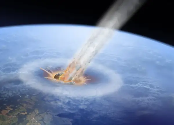 Potężna asteroida rozpadająca się w atmosferze Ziemi, wywołując eksplozję i kaskadę odłamków.