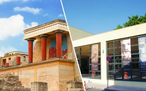 Ruiny pałacu w Knossos z czerwonymi kolumnami i freskiem byka, obok nowoczesnego budynku z banerami wystawy rzeźby.
