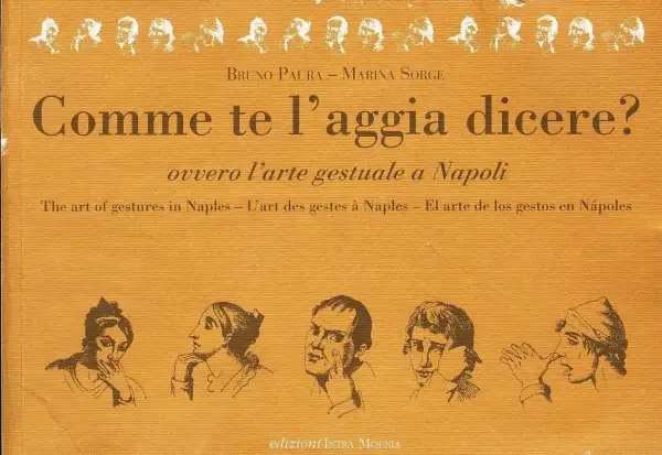 Copertina libro "Comme te l'aggia dicere?" con disegni di volti e mani, che illustrano esclamazioni in napoletano.