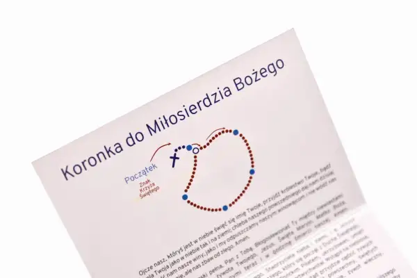 Instrukcja, jak odmawiać Koronkę do Miłosierdzia Bożego, z ilustracją różańca i tekstem modlitwy.