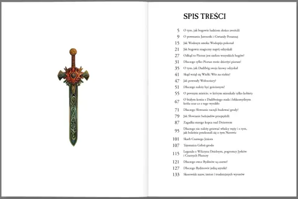 Ozdobny miecz i spis treści książki o mitologii słowiańskiej. Odkryj historie o bogach, smokach i pradawnych zwyczajach.