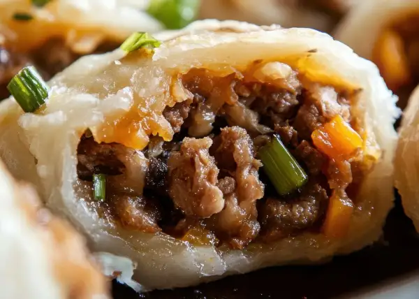 Pyszne pierogi z mięsem, z widocznym farszem i zieloną cebulką, kuszą apetycznym wyglądem.