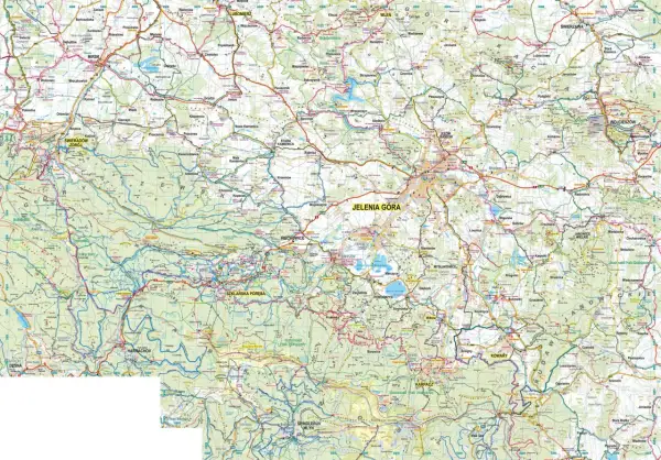 Mapa Gór Izerskich z zaznaczonymi trasami rowerowymi. Widoczne miejscowości: Jelenia Góra, Szklarska Poręba, Karpacz.