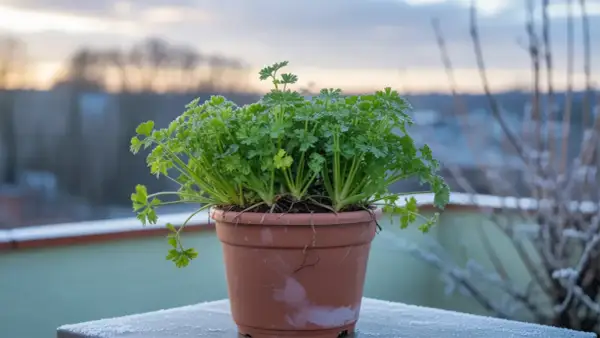 Un vaso di prezzemolo rigoglioso sul balcone, con brina che decora il davanzale. La semina prezzemolo è un successo, nonostante il freddo.