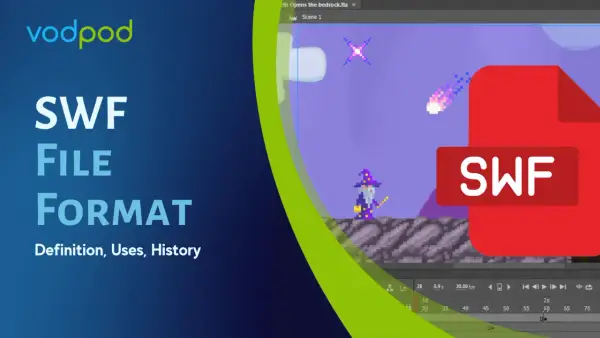 A wizard in a pixelated game world, with a large red SWF file icon overlayed. The text "SWF FILE FORMAT" is prominent.