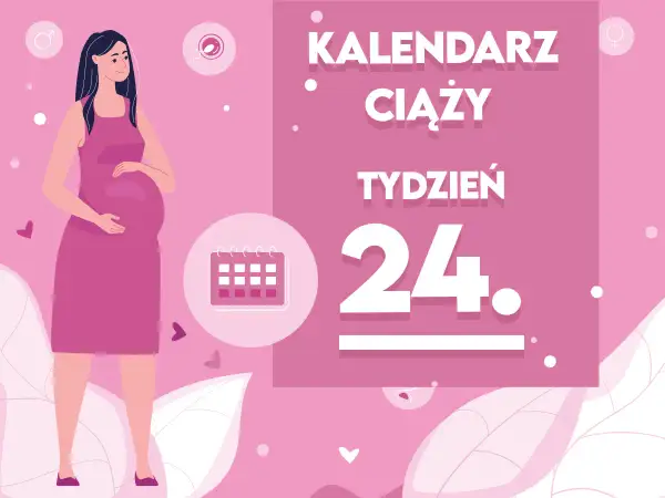 Kobieta w różowej sukience, w 24 tygodniu ciąży, trzyma dłoń na brzuchu. Obok kalendarz i napisy "KALENDARZ CIĄŻY TYDZIEŃ 24".