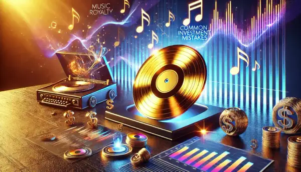 A golden vinyl record and turntable symbolize music royalty, with dollar signs and charts hinting at investment opportunities and common mistakes.