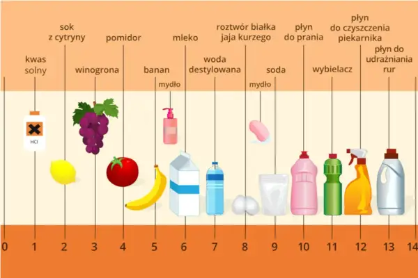Wykres pH pokazuje, że niektóre produkty spożywcze, jak winogrona czy pomidory, mają niższe pH, co może wpływać na wysokie pH moczu.