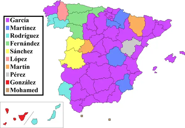 Carte de l'Espagne montrant la répartition géographique de noms comme García, Martínez, Rodríguez, Fernández, Sánchez, López, Martín, Pérez, González et Mohamed, un prénom espagnol.