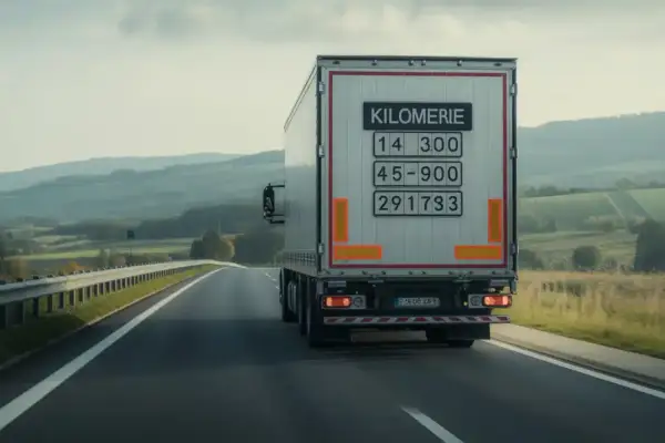 Un camion 44t sur une route de campagne. La plaque indique "Kilometrie" avec des chiffres, suggérant une longue route et une consommation importante.