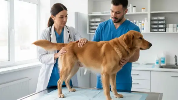 Veterinarios examinan a un perro con el ano irritado. Le ponen una crema para aliviarlo.